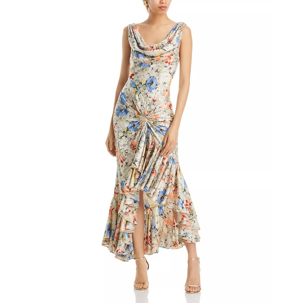 NWT Cinq a Sept Ciara Floral Garden Print Silk Maxi Dress Ivory Multi Ruffle 6